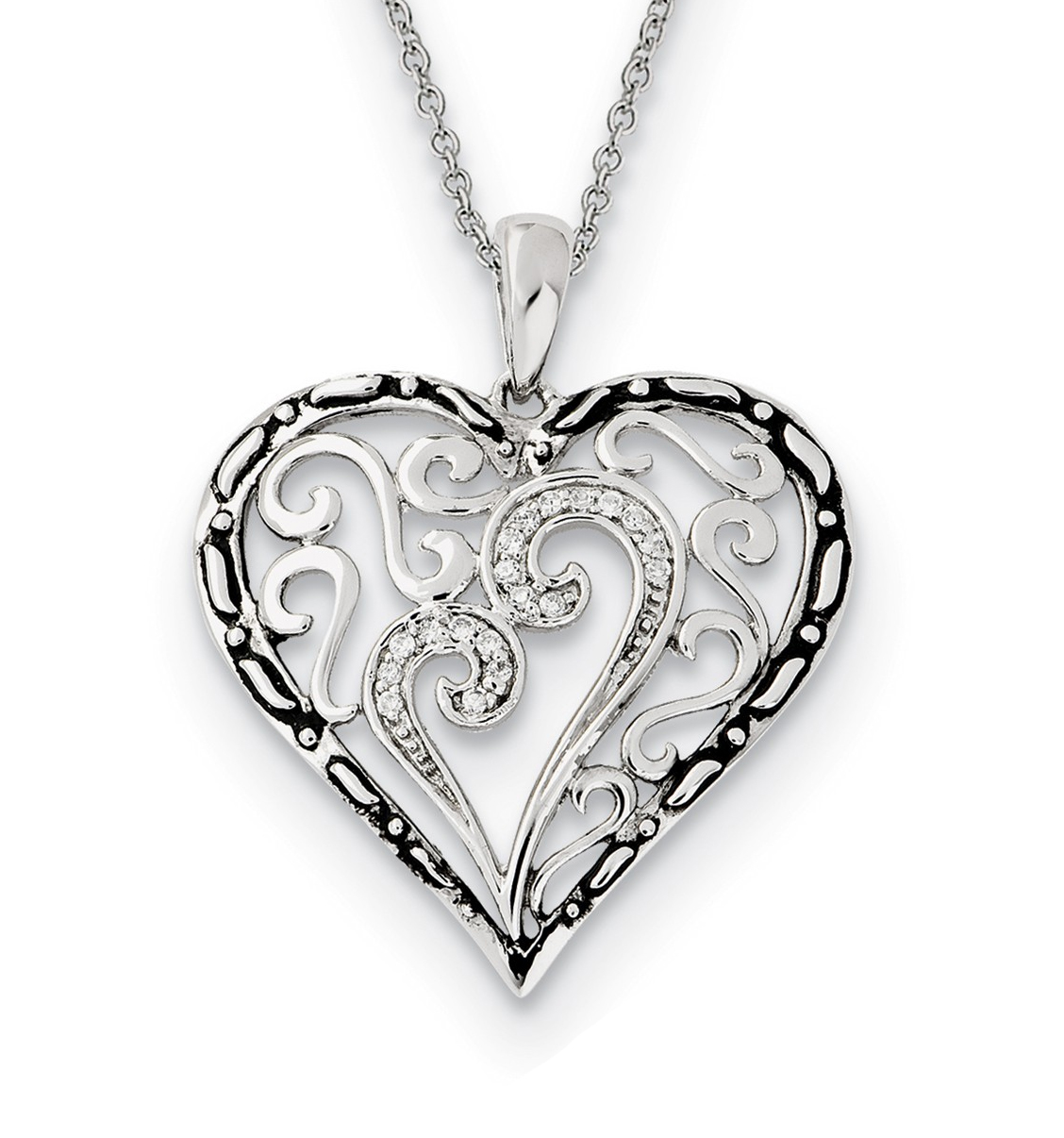   'A Mother's Touch' Antiqued Heart CZ Pendant Necklace, Rhodium-Plated Sterling Silver, 18