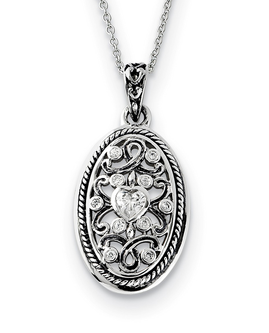   'Because of You' CZ Rhodium-Plated and Antiqued Sterling Silver Oval Pendant Necklace, 18