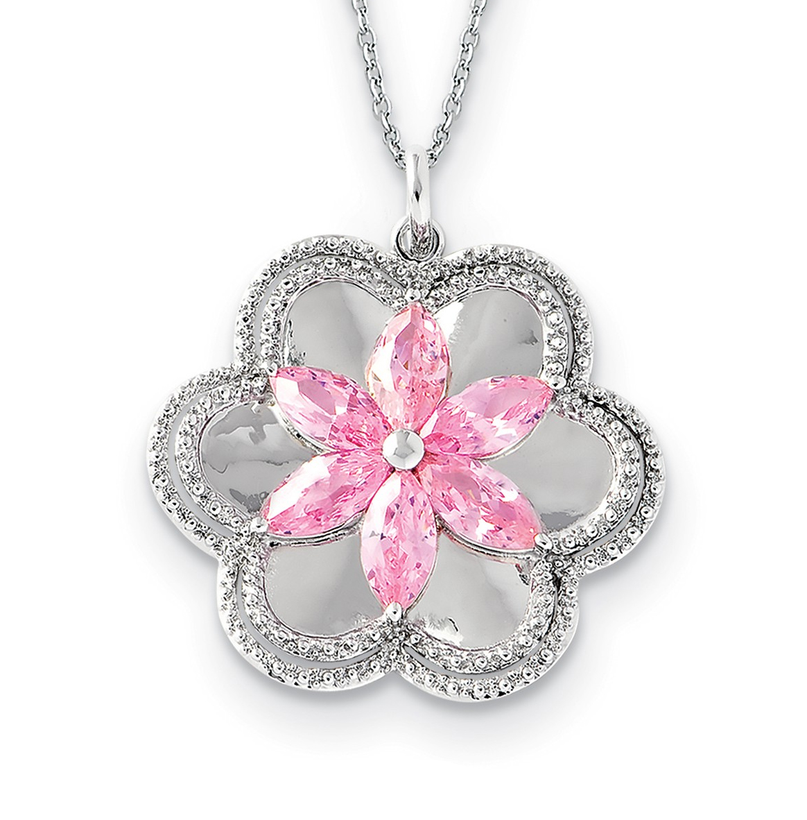   'Pretty In Pink' Flower CZ Pendant Necklace, Rhodium-Plated Sterling Silver, 18