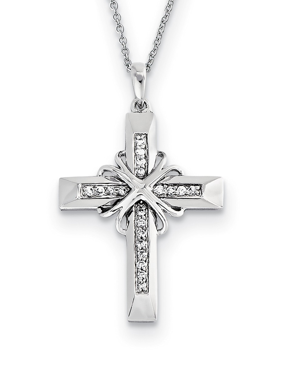  'Steadfast Love' CZ Cross Pendant Necklace, Rhodium-Plated Sterling Silver, 18
