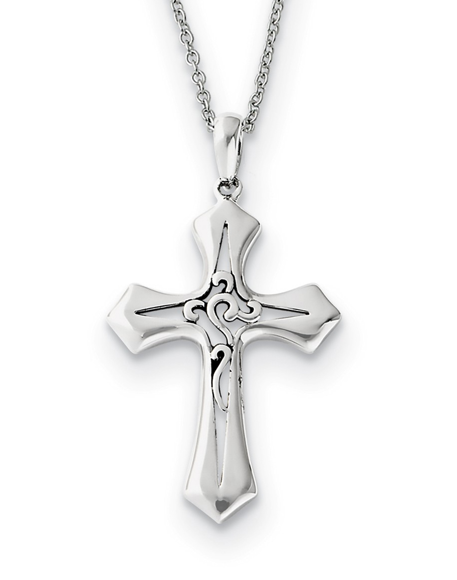  Antiqued 'Abide In Him' Cross Pendant Necklace, Rhodium-Plated Sterling Silver, 18