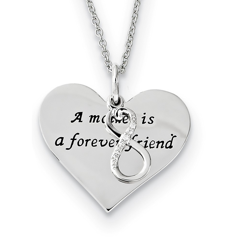  'A Mother Is A Forever Friend' CZ Pendant Necklace, Antiqued Rhodium-Plated Sterling Silver, 18