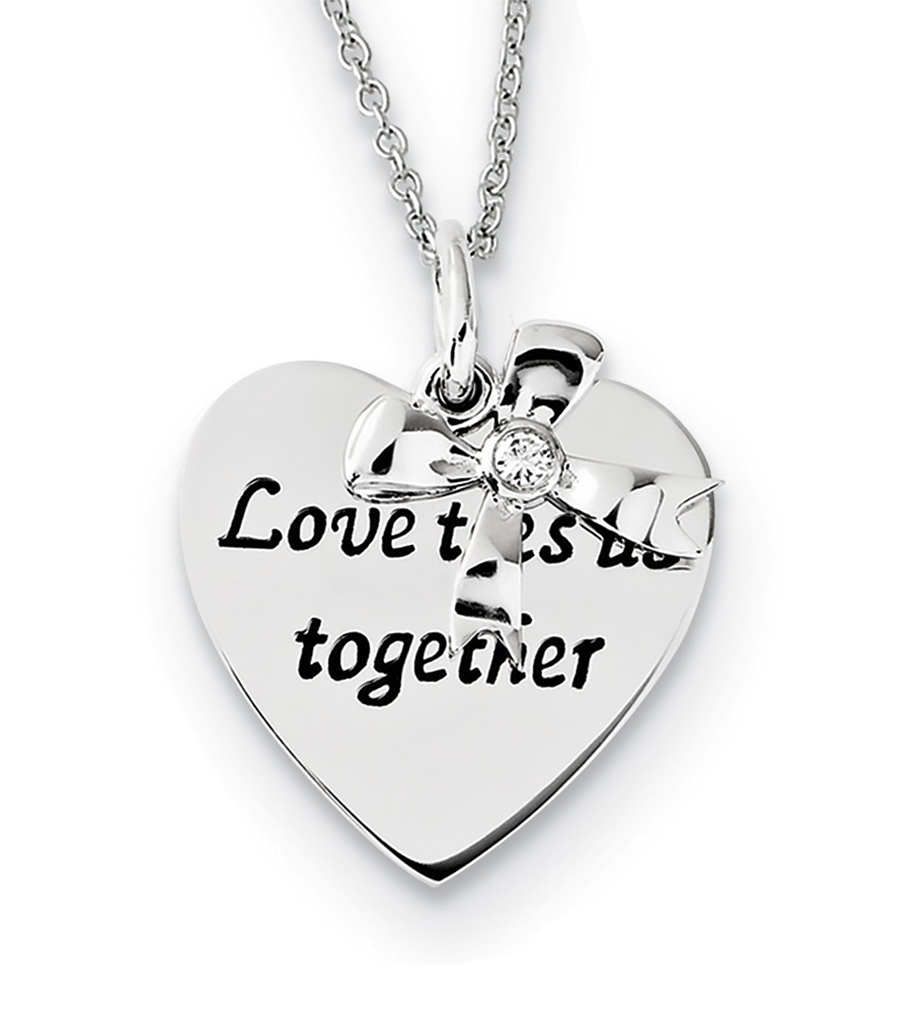  'Love Ties Us Together' Heart and Bow CZ Pendant Necklace, Antiqued Rhodium-Plated Sterling Silver, 18