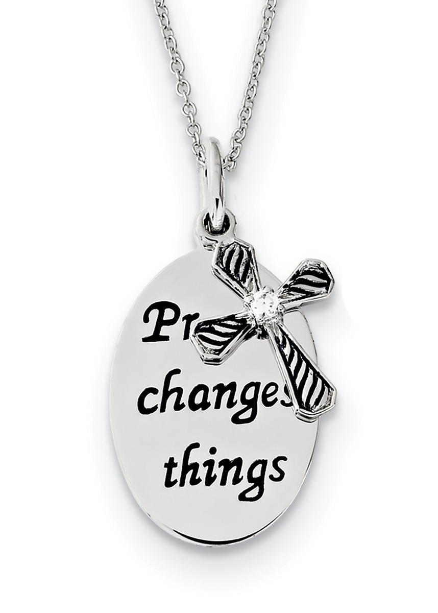  'Prayer Changes Things' Cross CZ Pendant Necklace, Antiqued Rhodium-Plated Sterling Silver, 18