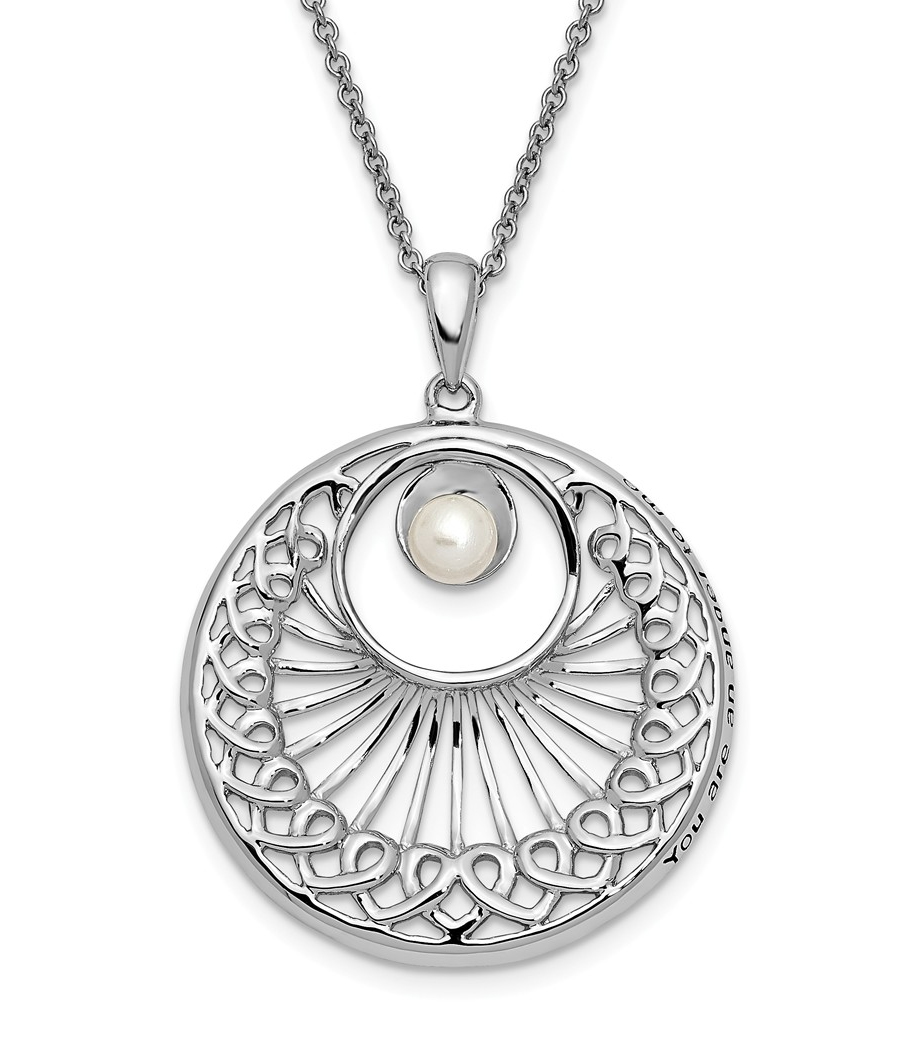   Freshwater Cultured Pearl and Antiqued 'You Are An Angel To Me' Pendant Necklace, Rhodium-Plated Sterling Silver, 18