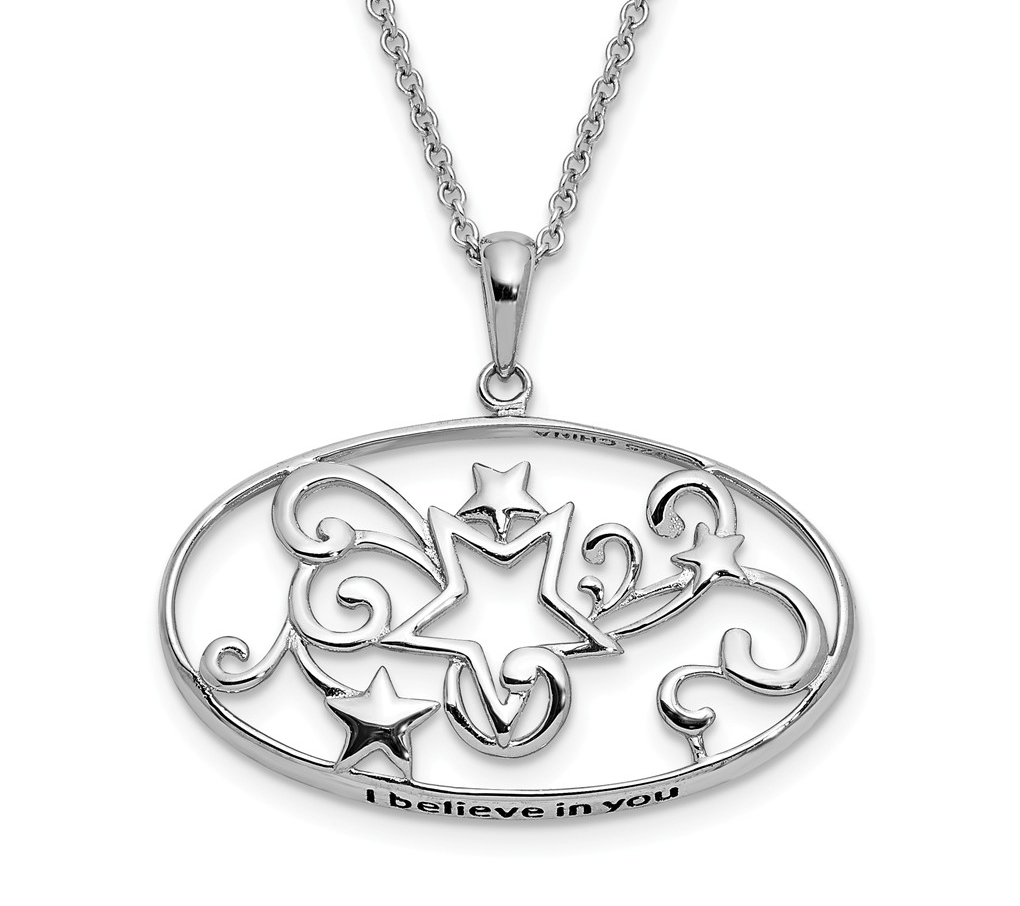  Antiqued 'I Believe In You' Star Pendant Necklace, Rhodium-Plated Sterling Silver, 18