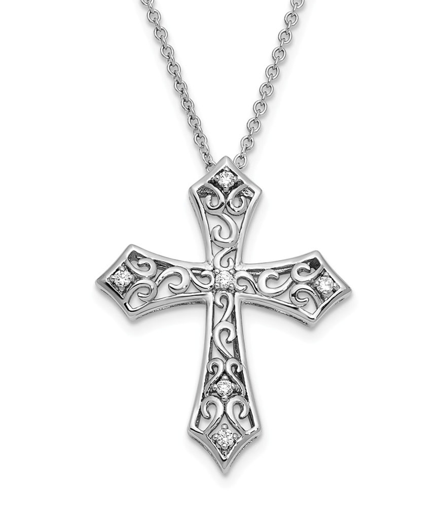 'I Still Believe' CZ Cross Pendant Necklace, Rhodium-Plated Sterling Silver.