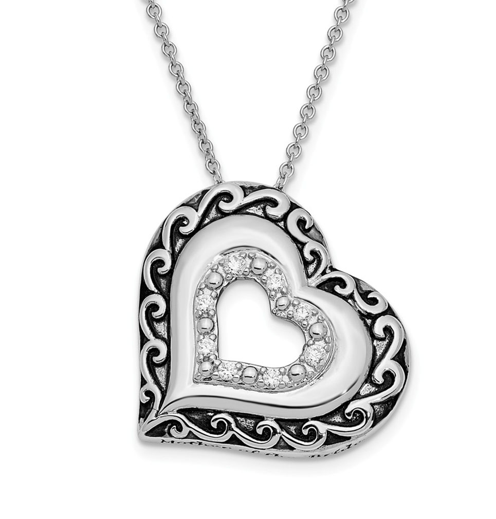 Mother of The Bride' CZ Rhodium-Plated Sterling Silver Antiqued Pendant Necklace.