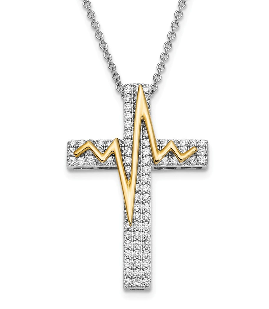 'Heart Beats For You' CZ Cross and Gold-Plated Pendant Necklace, Rhodium-Plated Sterling Silver.