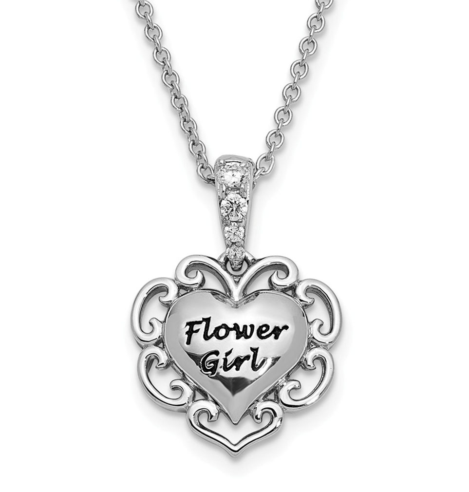 Girl's CZ Flower Antiqued Pendant Necklace, Rhodium-Plated Sterling Silver.