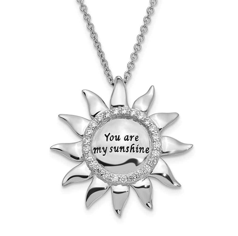 'You Are My Sunshine' CZ Antiqued Pendant Necklace, Rhodium-Plated Sterling Silver.