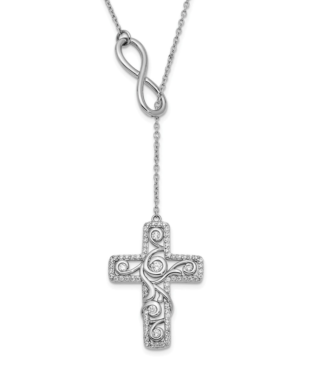 'Eternity Lariat' CZ Cross Pendant Necklace, Rhodium-Plated Sterling Silver.