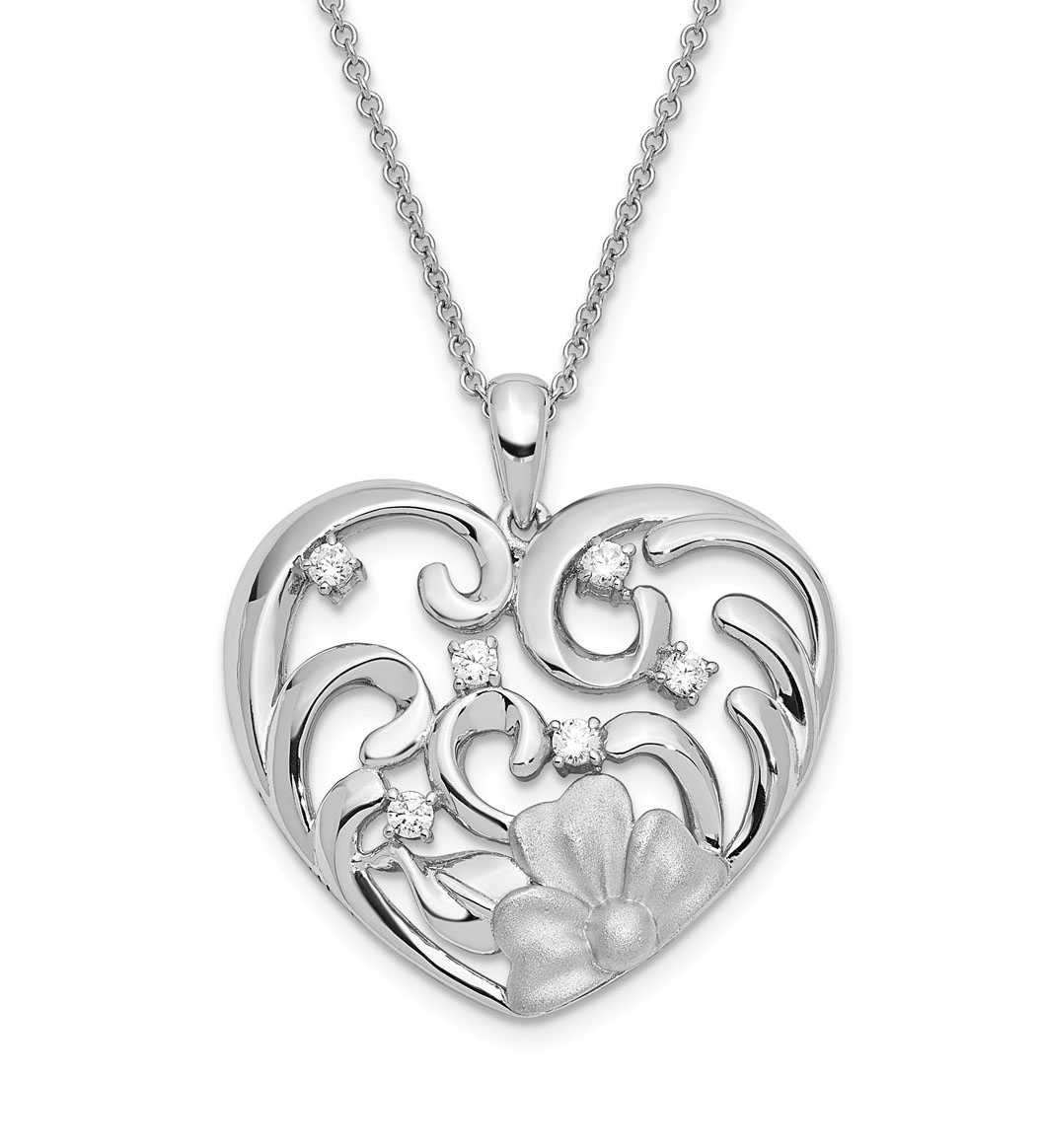 'She Is Beautiful' CZ Antiqued Satin Finish Heart Pendant Necklace, Rhodium-Plated Sterling Silver.