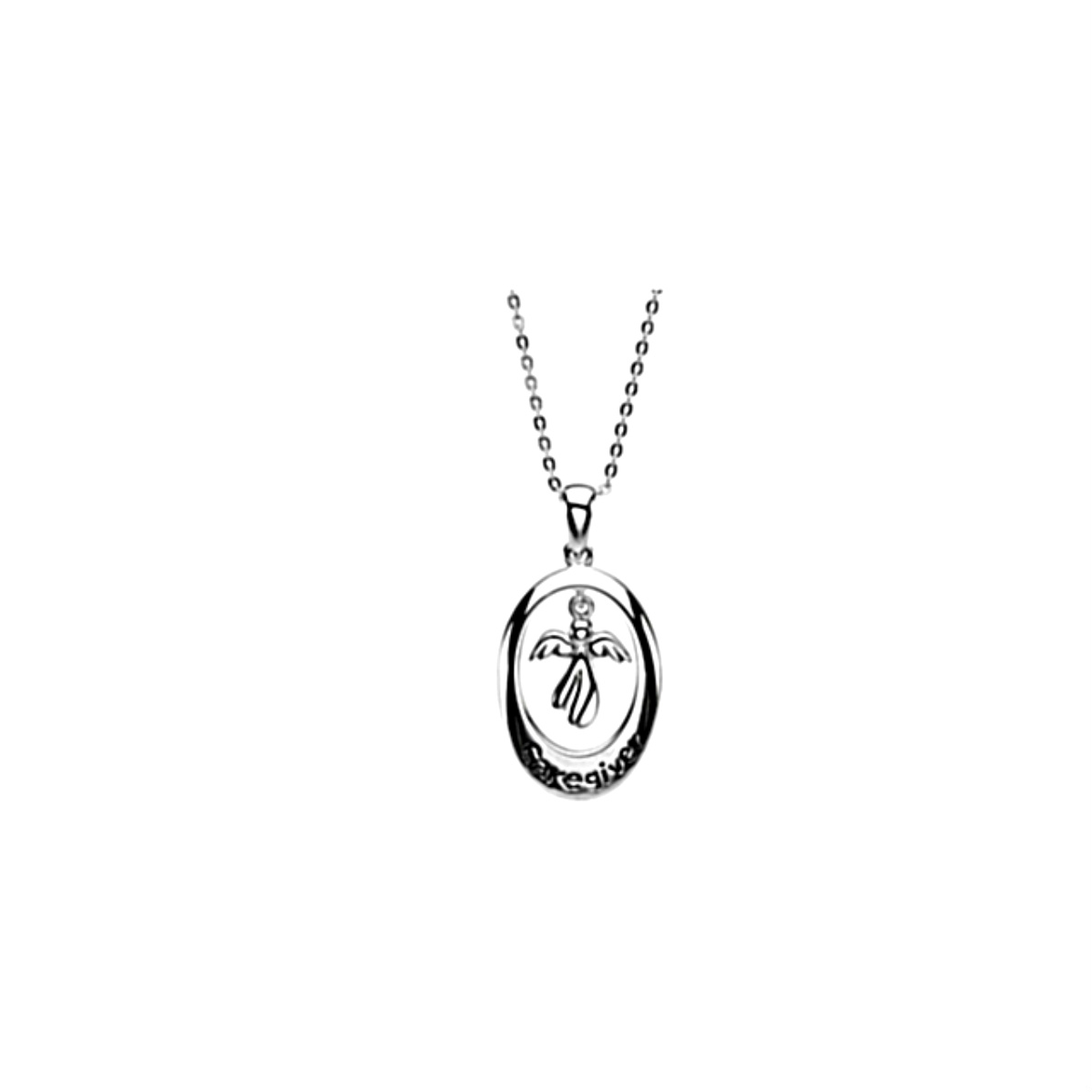 Oval Caregiver Angel Pendant Rhodium Plate Sterling Silver Necklace. 