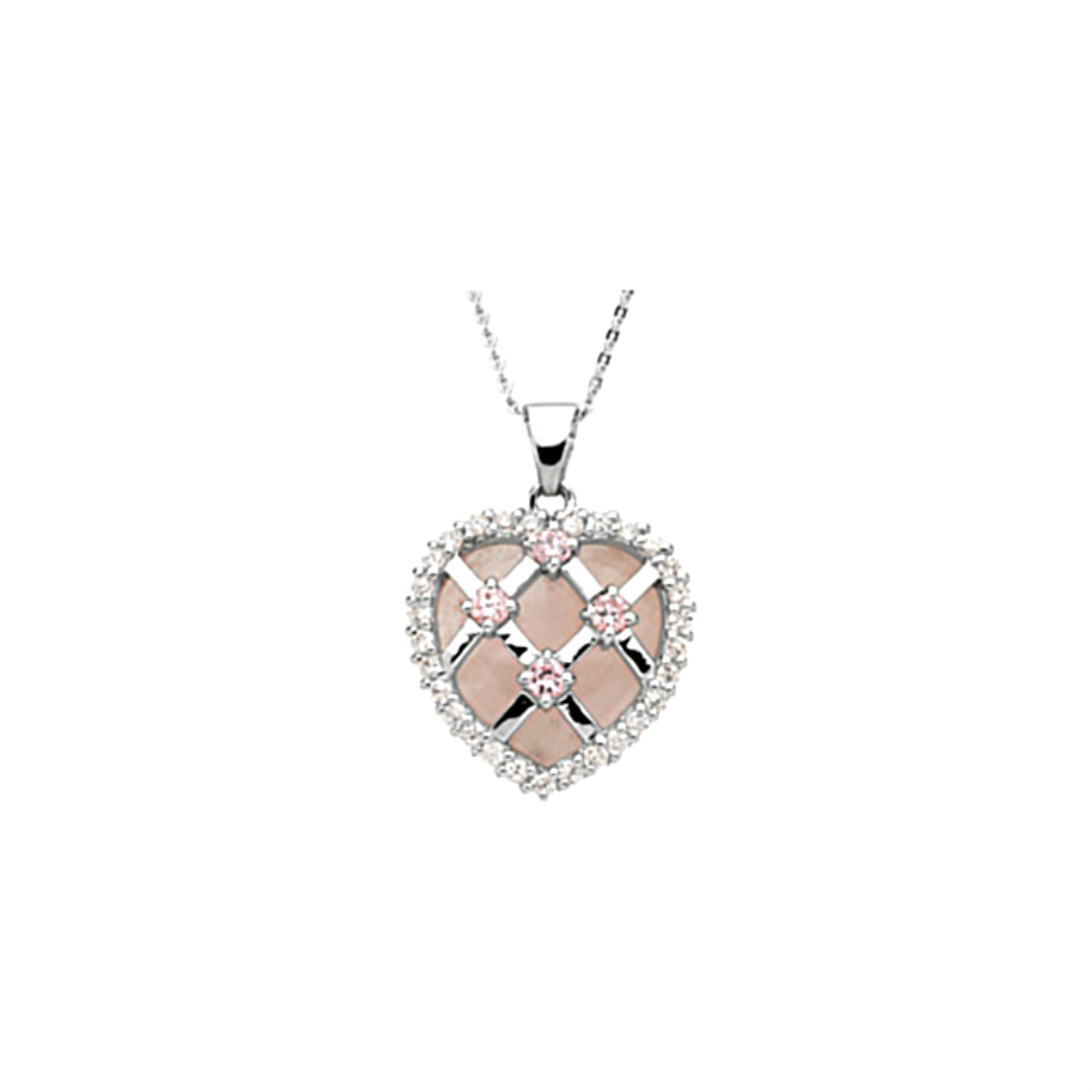 CZs and Rose Quartz 'Guarded Heart' Rhodium Plate Sterling Silver Cross Pendant Necklace. 