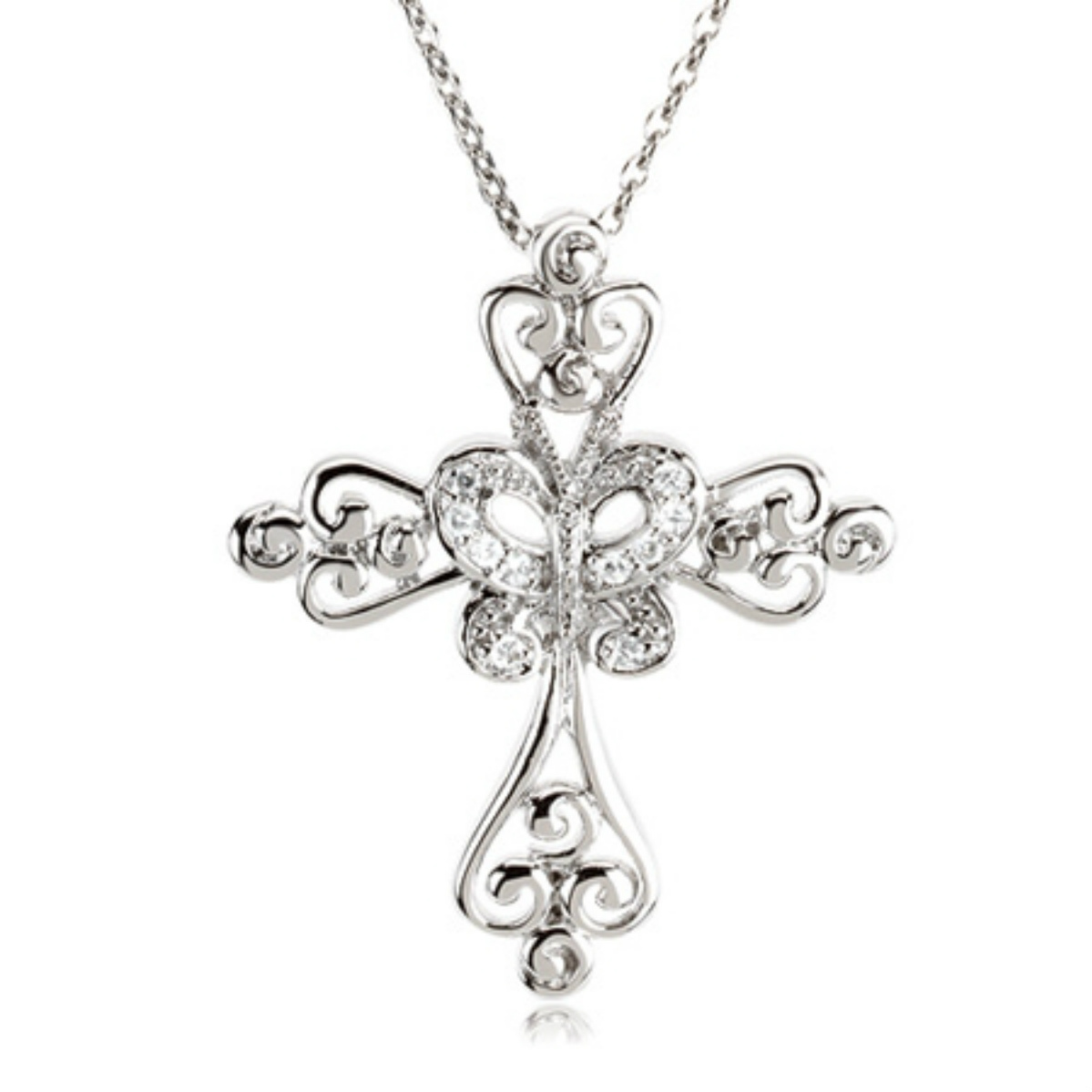CZ 'New Creation in Christ' Rhodium Plate Sterling Silver Cross Pendant Necklace.