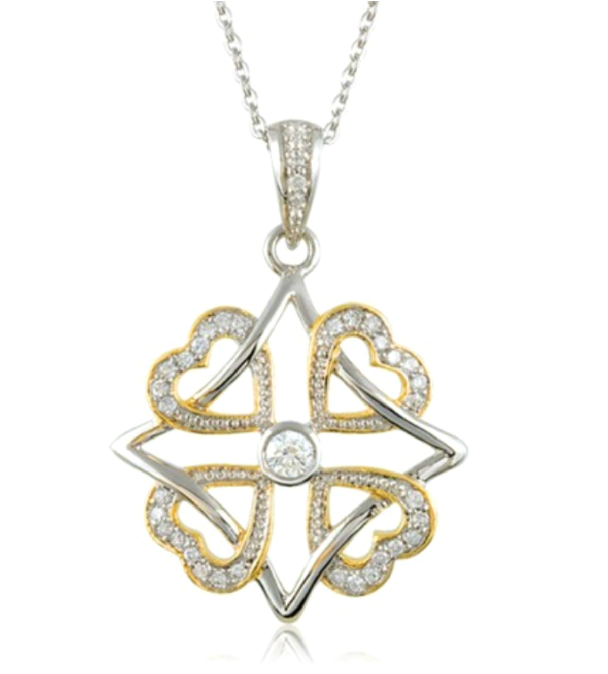 Pave CZ Hearts 'Faith, Family, Friends and Love' 14k Yellow Gold Plate and Rhodium Plate Sterling Silver Pendant Necklace, 18".