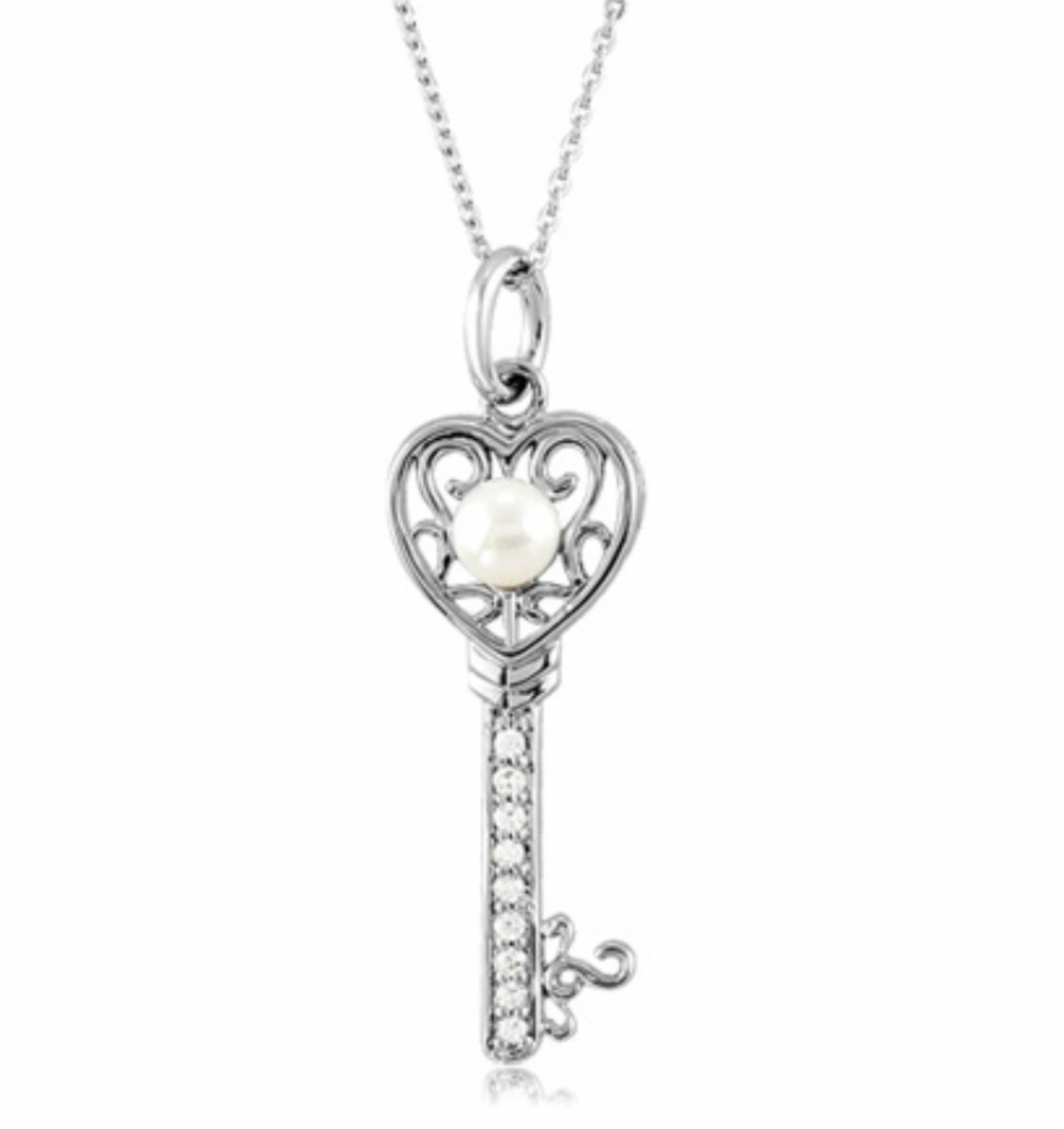 Pave CZ 'Key to Kindness' Rhodium Plate Sterling Silver Pendant Necklace.