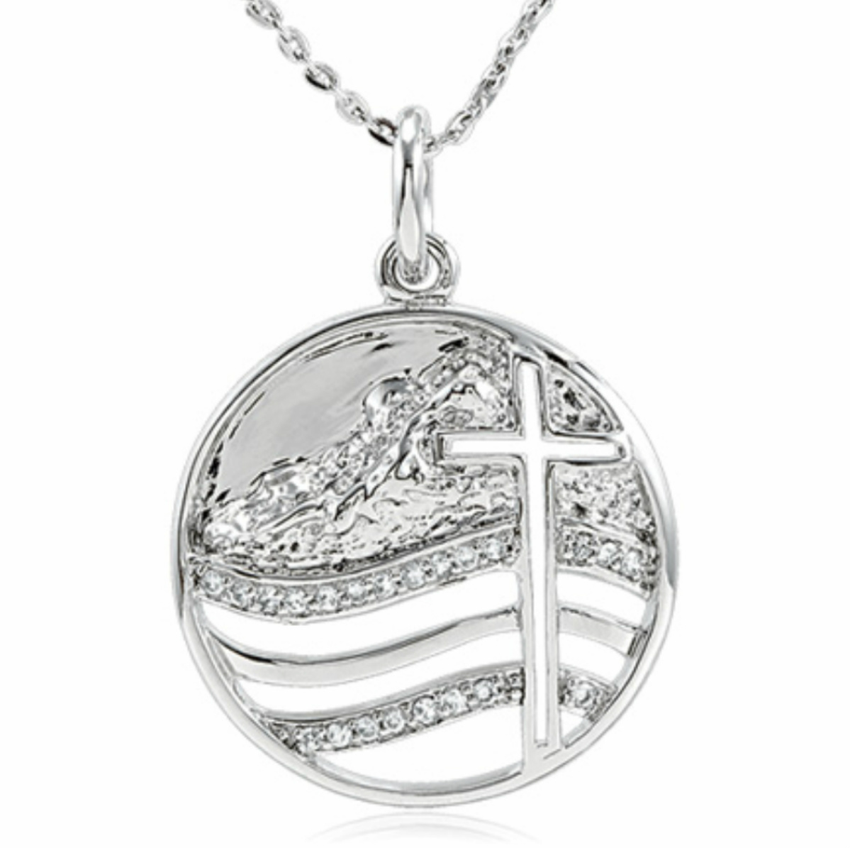 CZ 'Move the Moutains Lord' Circle and Cross Rhodium Plate Sterling Silver Pendant Necklace.