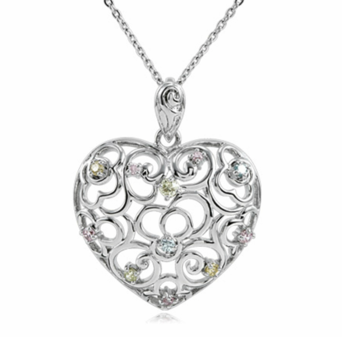CZ 'Desires of the Heart' Rhodium Plate Sterling Silver Filigree Pendant Necklace.