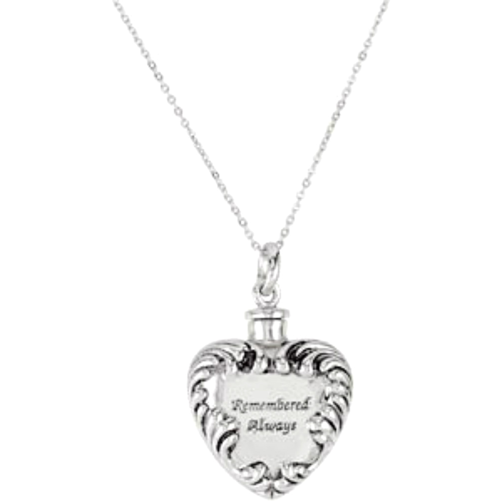 Remembered Always' Heart Ash Holder Rhodium Plate Sterling Silver Necklace.