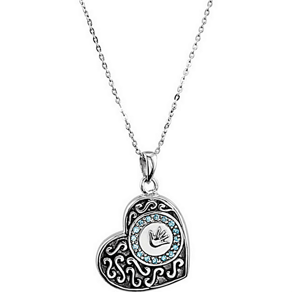 Blue CZ Antiqued Heart 'Boy Handprint' Ash Holder Rhodium Plate Sterling Silver Necklace, 18".