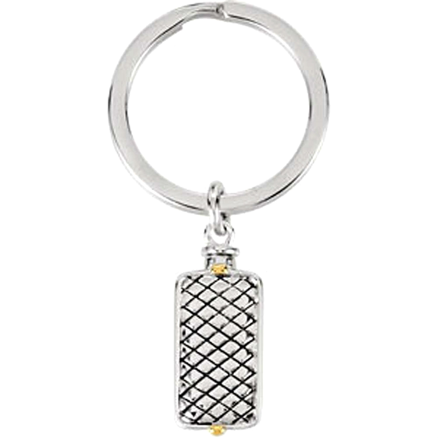 Ash Holder Two-Tone Rectangle Key Chain in Rhodium Plate Sterling Silver and 14k Yellow Gold Plate Sterling Silver.