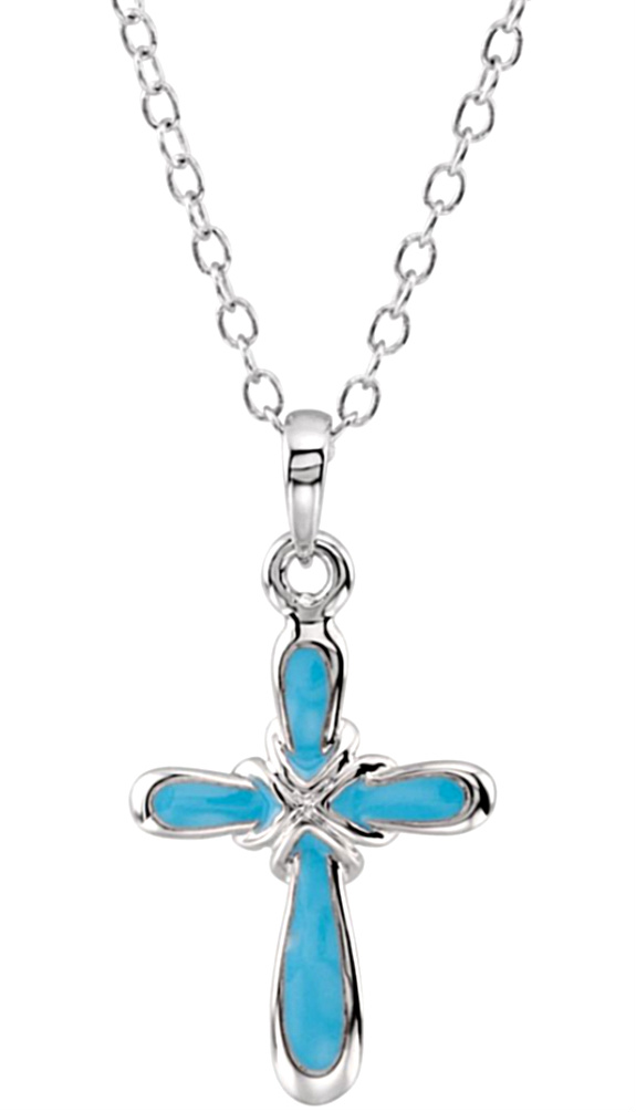 Boy's Blue Dedication Cross Rhodium Plate Sterling Silver Necklace, 18".