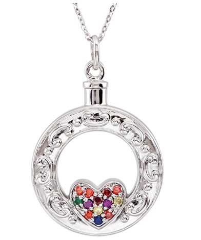 Circle of Life Ash Holder with Heart Necklace, Rhodium Plated Sterling Silver.