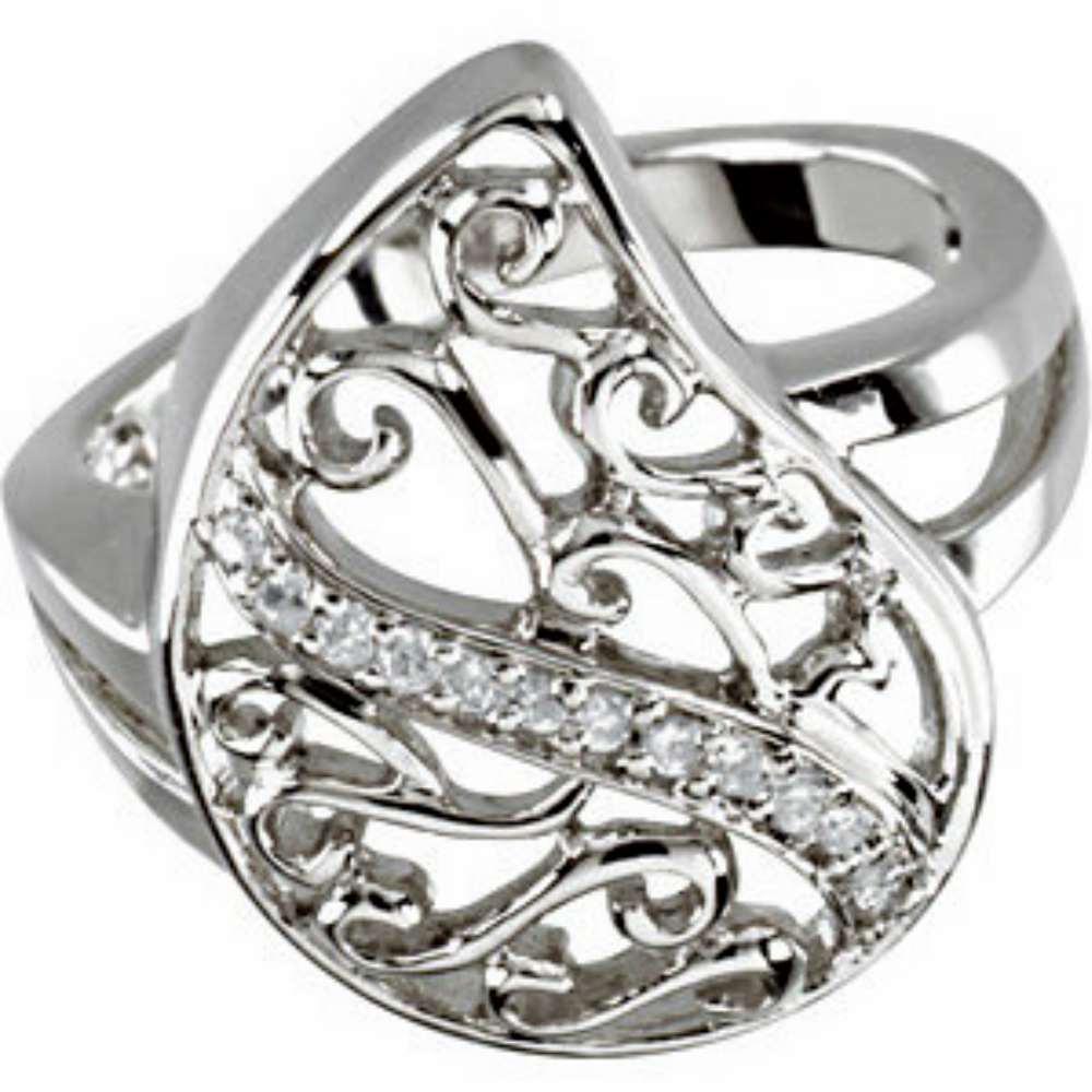 Rhodium Plate Sterling Silver Filigree Tear Drop CZ Memory Ring.