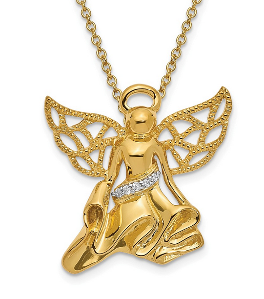 Gold plate sterling silver angel of gratitude with CZs pendant necklace is 18 inches long. The beautiful angel necklace also comes with a scripture card and is gift boxed.