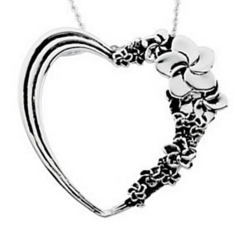 Heart Necklace with flowers assymetrically placed and secret message on back of pendant. Sterling silver diamond cut cable chain is 18 inches in length.