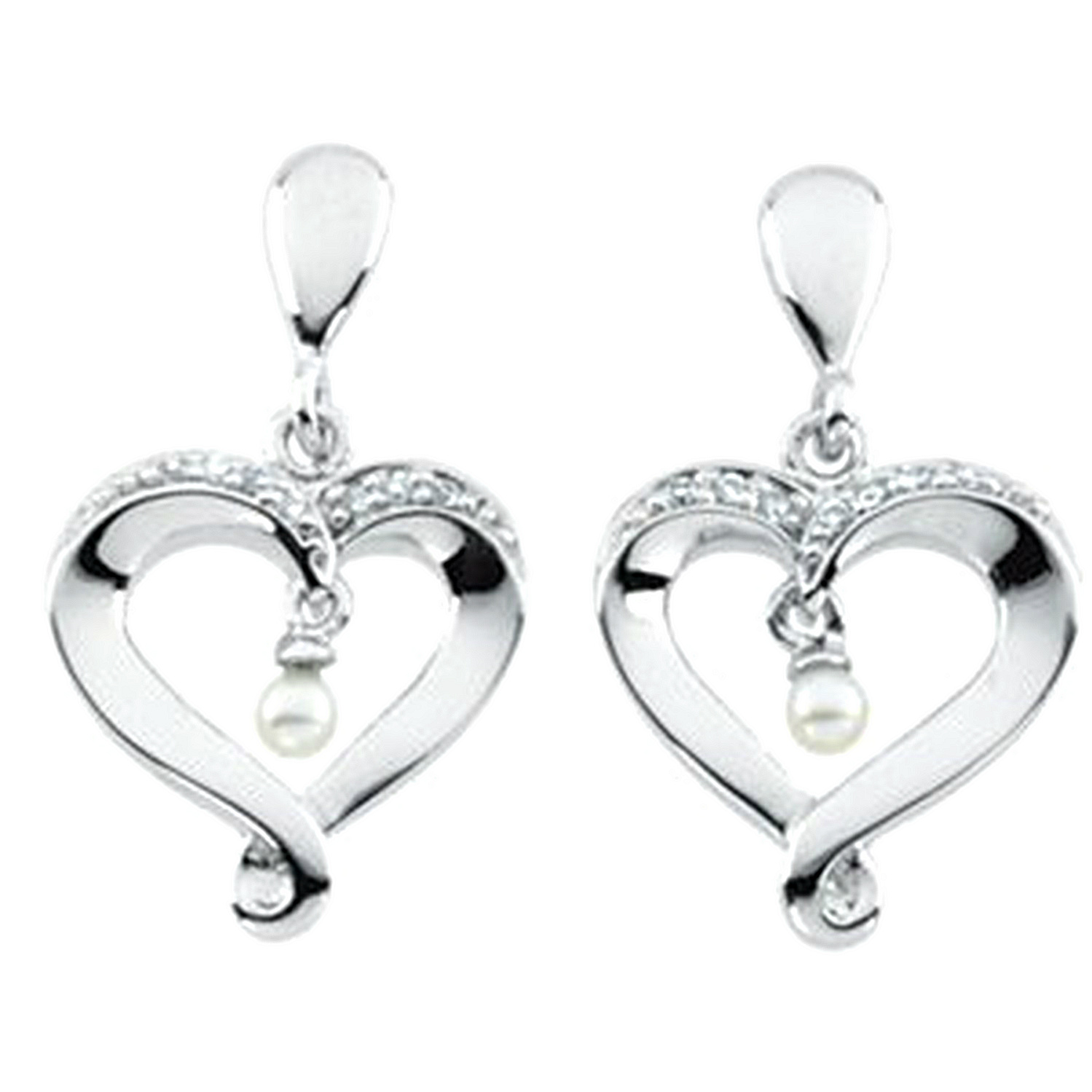 White Freshwater Cultured Pearl and CZ Open-Heart 'Heart and Soul' Drop Earrings in Rhodium Plate Sterling Silver