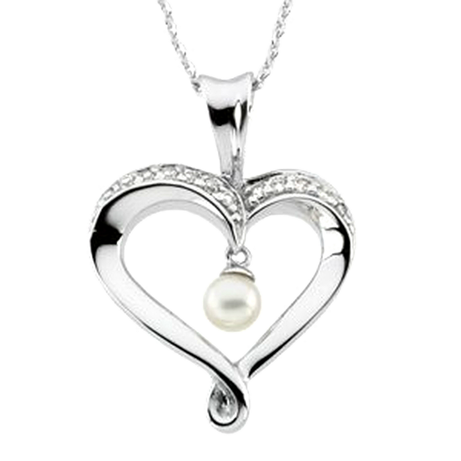 'Heart and Soul' Pearl and CZ Rhodium Plate Sterling Silver Necklace, 18"