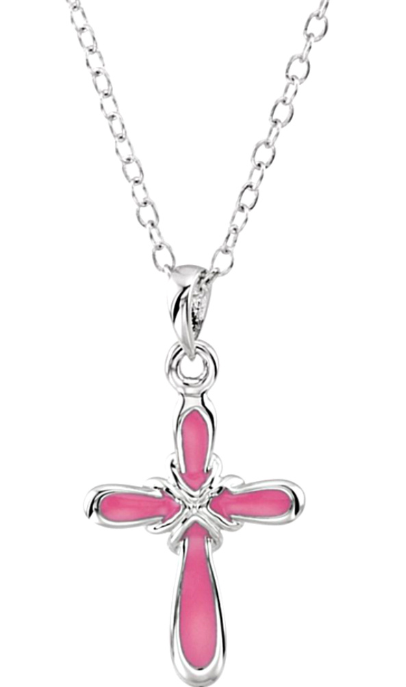 Pink Dedication Cross Rhodium Plate Sterling Silver Necklace, 18".
