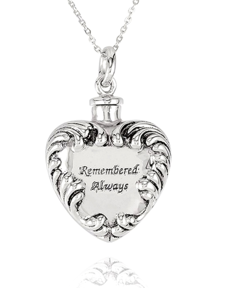 'Remembered Always' Antiqued Heart Ash Holder Necklace, Rhodium Plated Sterling Silver, 18".