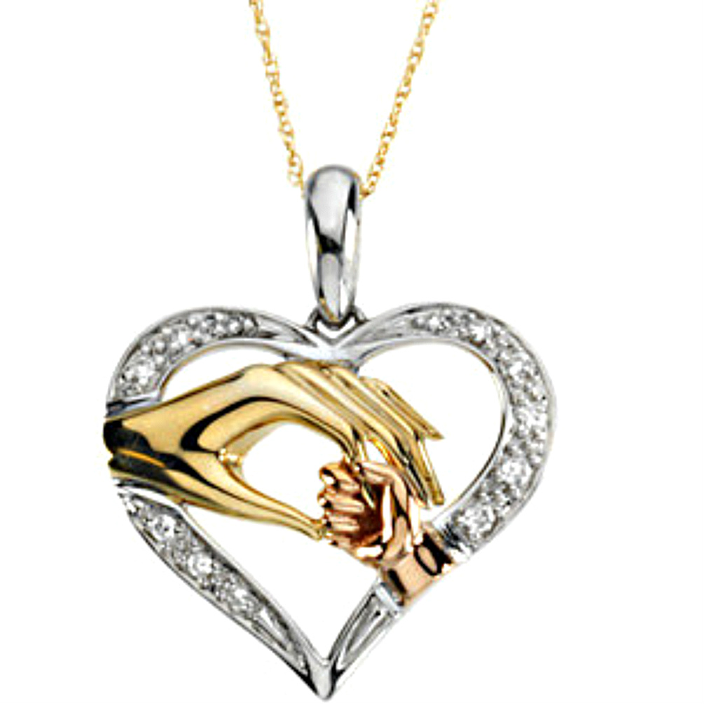 Rhodium plate sterling silver, 14k yellow gold and 14k rose gold heart with mother and child hands necklace.