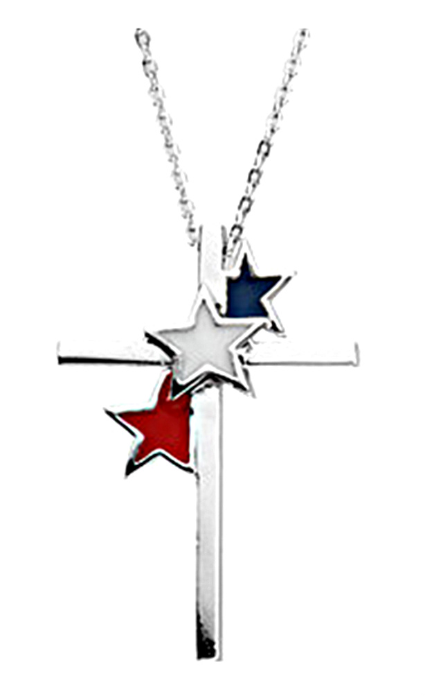 United We Stand Cross with Red, White and Blue Stars Rhodium Plate Sterling Silver Necklace, 18".