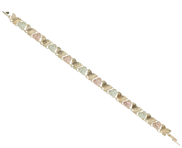Women's Hearts and Butterflies Link Bracelet in 10k Yellow Gold, 12k Green and Rose Gold Black Hills Gold Motif