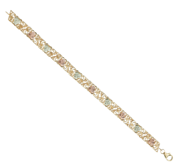 Women's Tricolor Swirl Design Bracelet in 10k Yellow Gold, 12k Green and Rose Gold Black Hills Gold Motif, 7.50"