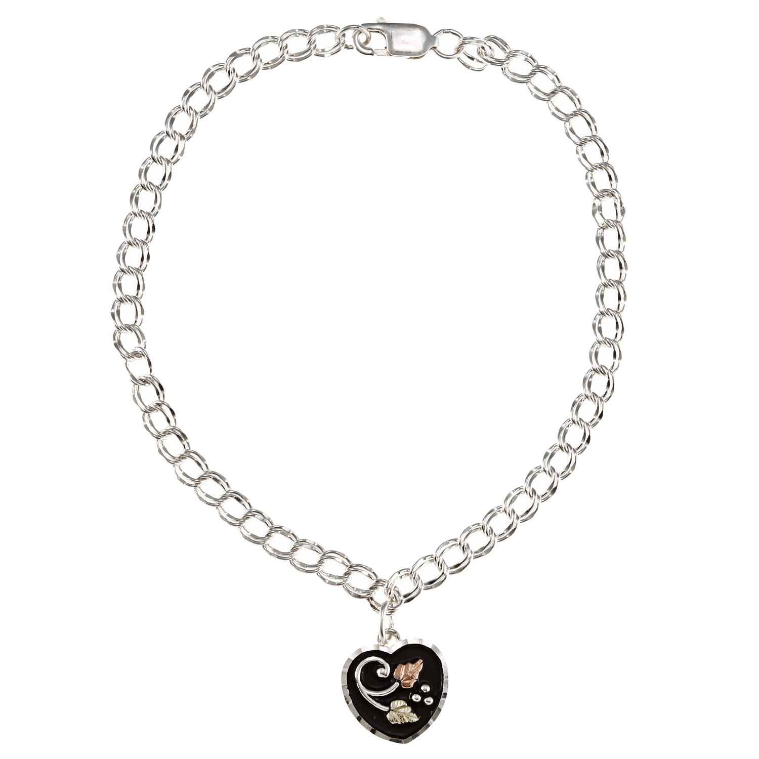 Antiqued Heart with Diamond Cut Bracelet, Sterling Silver, 12k Green and Rose Gold Black Hills Gold Motif