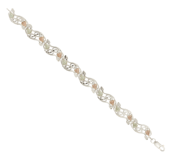 Women's Tricolor Omega Wave Bracelet in Sterling Silver, 12k Green and Rose Gold Black Hills Gold Motif, 7.25"