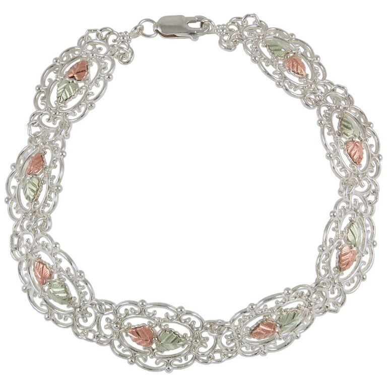 Victorian Filigree Link Bracelet with Sterling Silver, 12k Green and Rose Gold in Black Hills Gold Motif