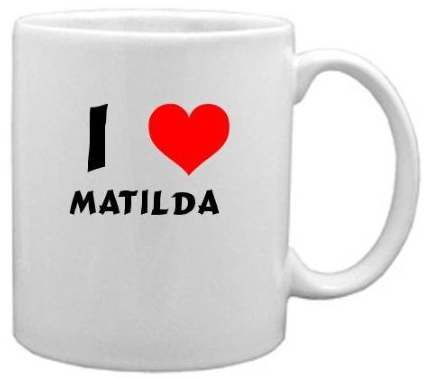 I heart Matilda coffee mug, white mug with red heart and black text.