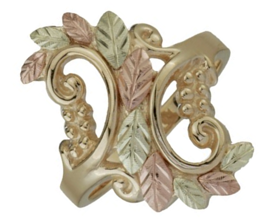 Victorian Flowing Grape Leaf Ring, 10k Yellow Gold, 12k Green and Rose Gold Black Hills Gold Motif