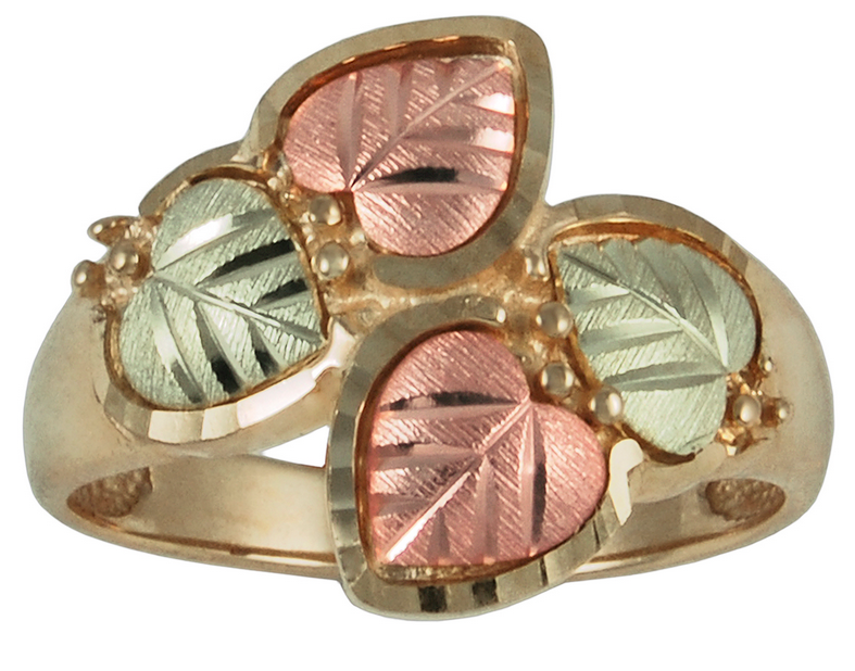 10k yellow gold heart bypass ring with 12k green gold and 12k rose gold Black Hills Gold motif.