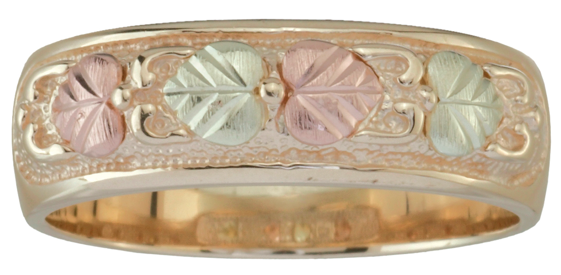 Mens Hammered Wedding Band in 10k Yellow Gold with 12k Rose Gold and 12k Green Gold Black Hills Gold Motif.