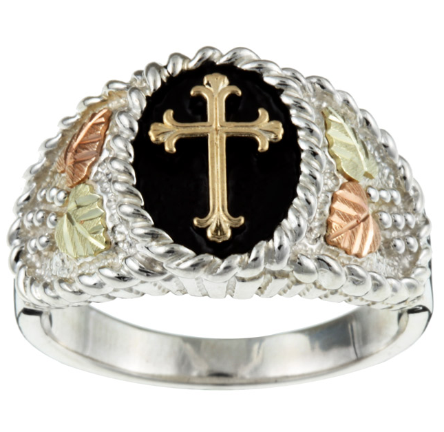 Black Hills Gold Fleur de Lis Cross Ring for Men, Sterling Silver, 10k Yellow Gold, 12k Rose Gold, 12k Green Gold. 