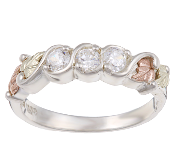 Sterling silver band with 3 cubic zirconias and 12k rose gold in Black Hills Gold motif.
