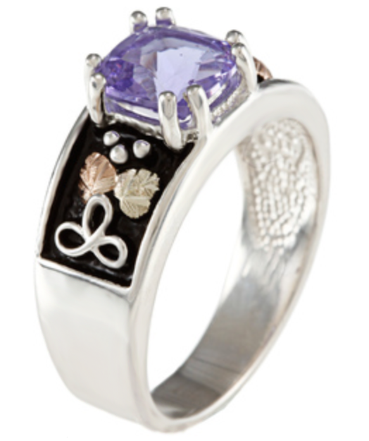 Sterling silver Mount St. Helenite blue violet obsidanite topaz antiqued ring with 12k green and rose gold.